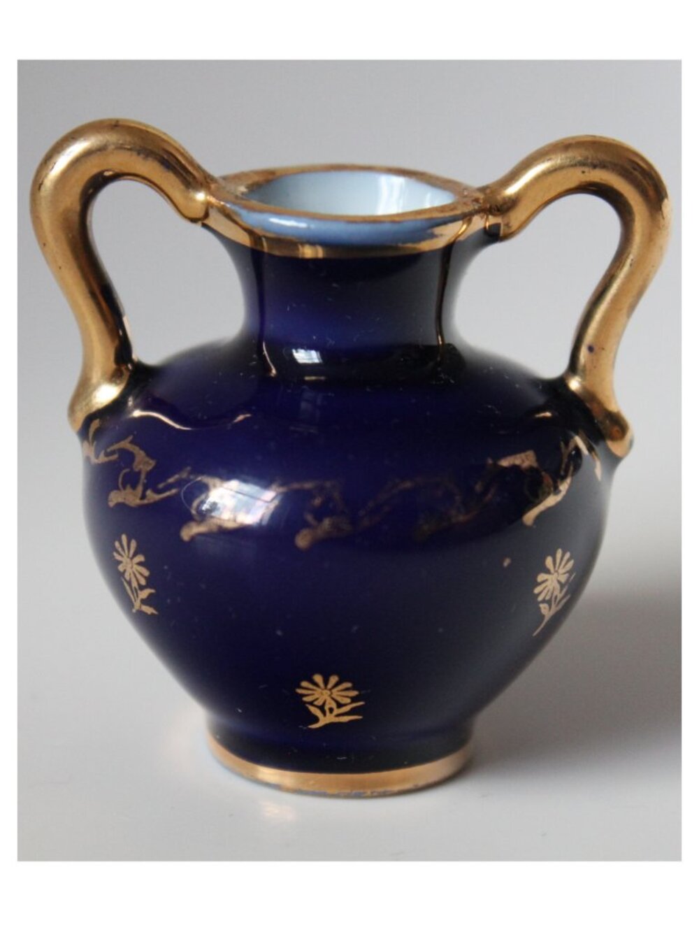 Miniature Cobalt Blue Two-Handled Jug with Gilt Florals (Limoges, France)